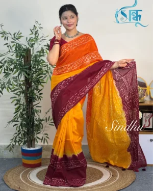 Sindhu Orange Yellow Vegetable Dye Silk Saree for Women
