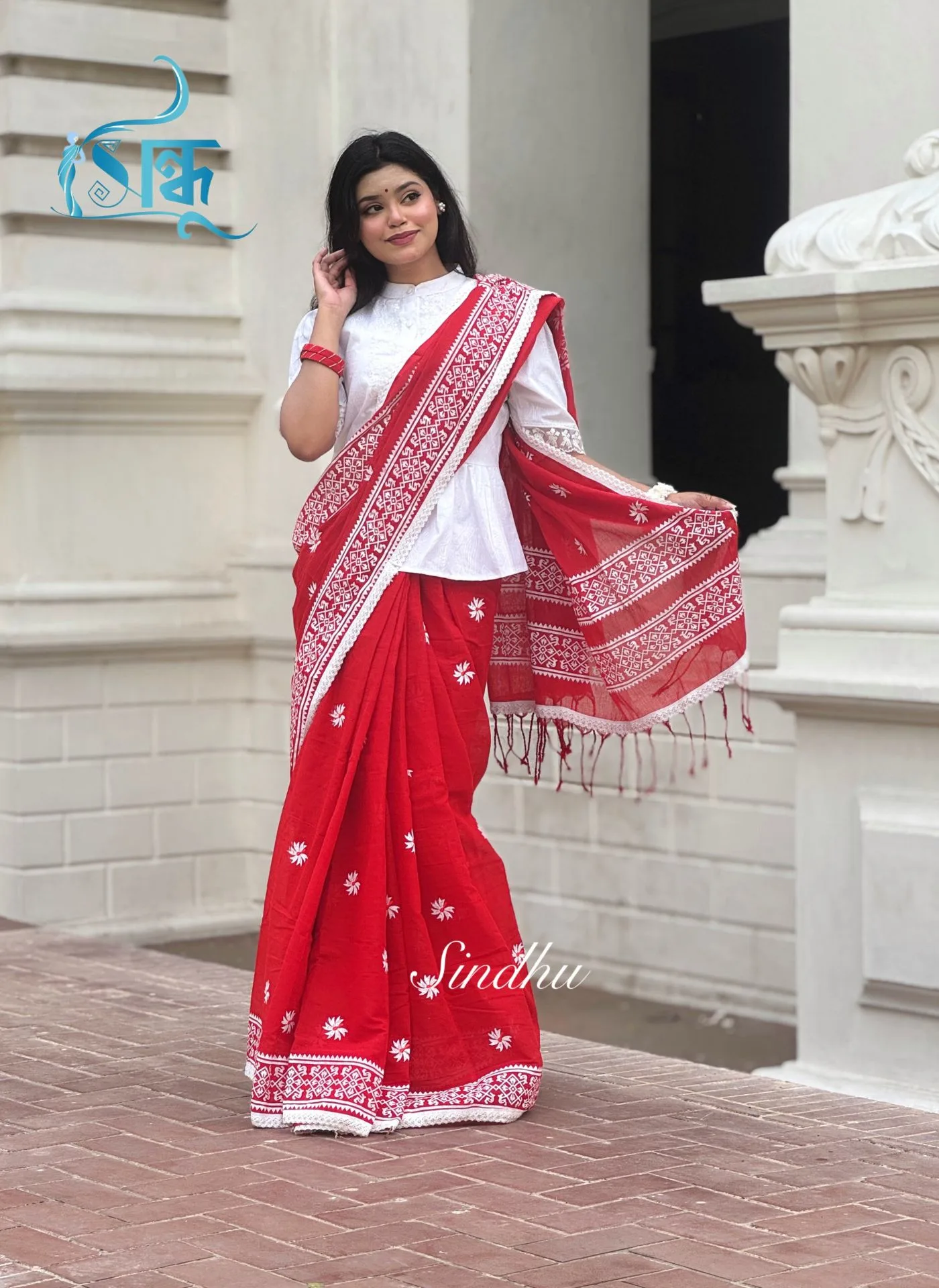 Preyoshi Red White Saree for Women by Sindhu