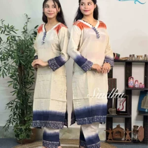 Women's off white and navy blue rayon silk two piece (kurti and pant) by Sindhu