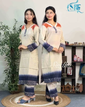 Women's off white and navy blue rayon silk two piece (kurti and pant) by Sindhu